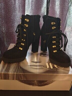 Jennifer Lopez Black Heeled Boots with Gold Accents 8 1/2